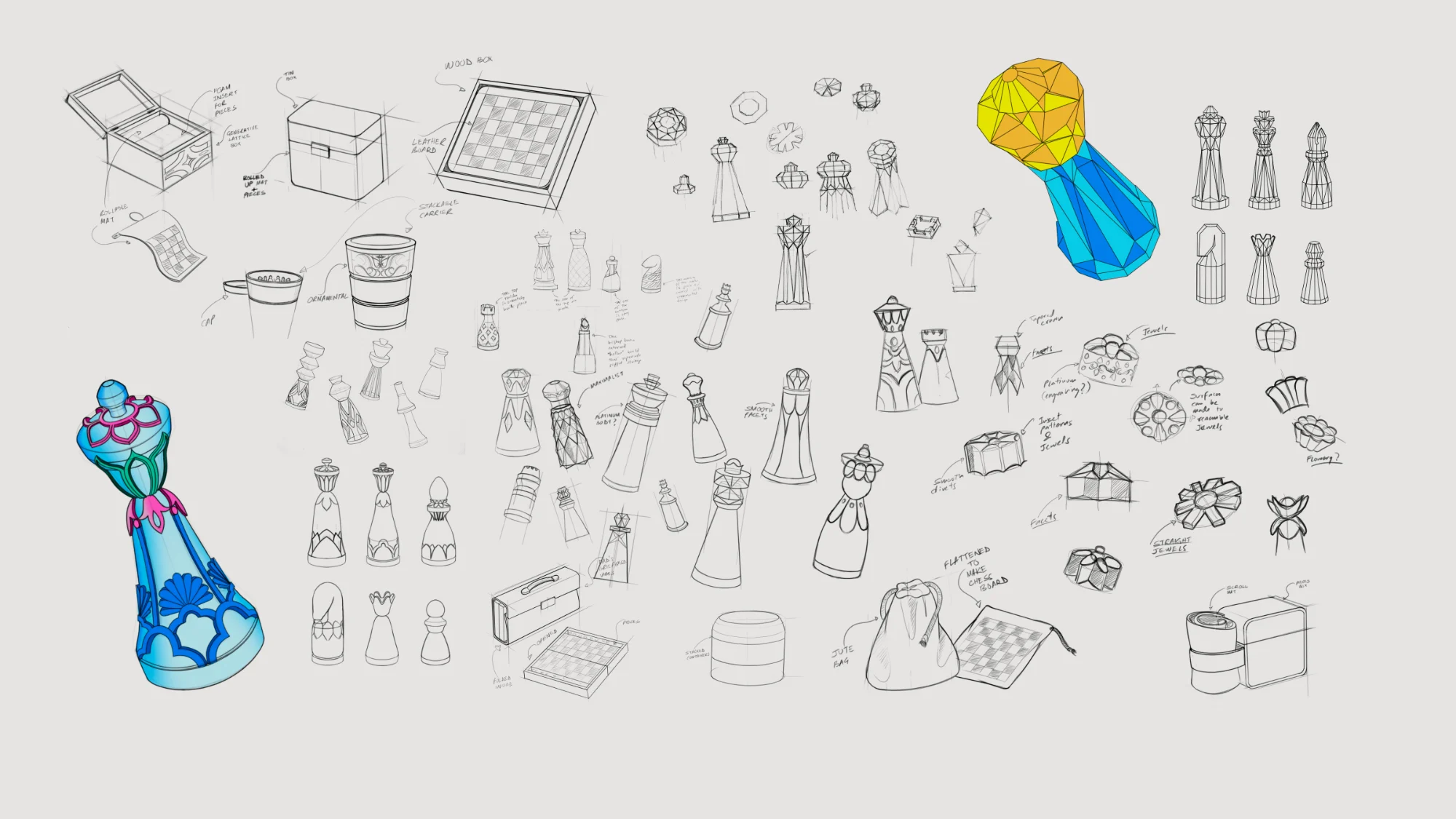 Ideation sketches — piece silhouettes, jali screens and packaging